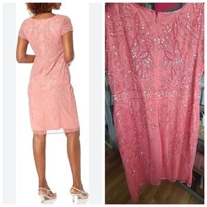 NEW JKARA Womens Coral Short Sleeve Embellished MidiCocktail Sheath Dress 14 W